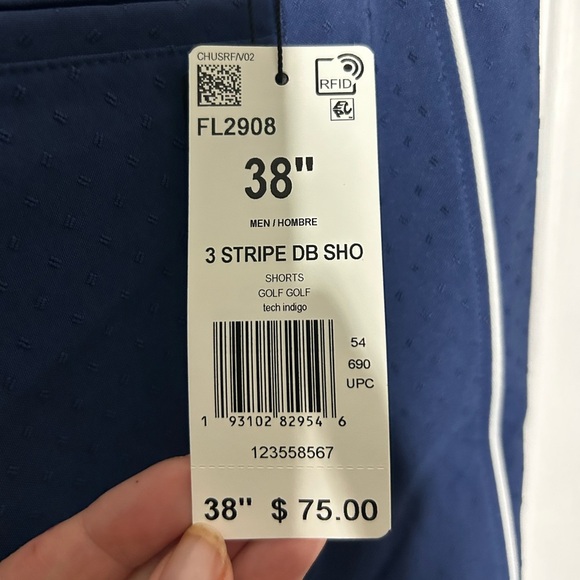 ADIDAS Men’s 3 Stripe Dobby Golf Shorts Mens Size 38 NWT. Navy w/Orange Textured - Picture 7 of 11